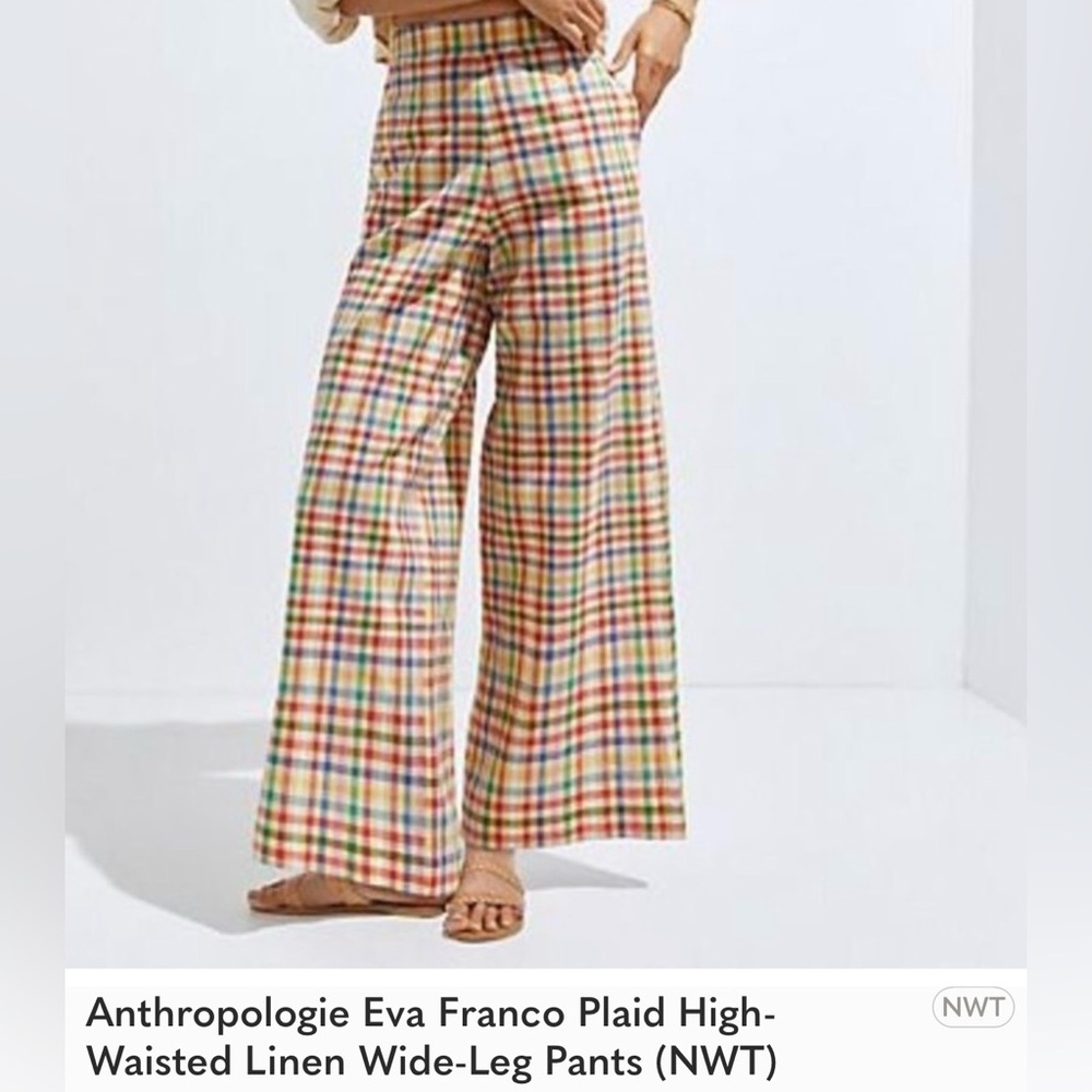 Anthropologie Eva Franco Plaid High Waisted Linen Wide Leg Pants- New